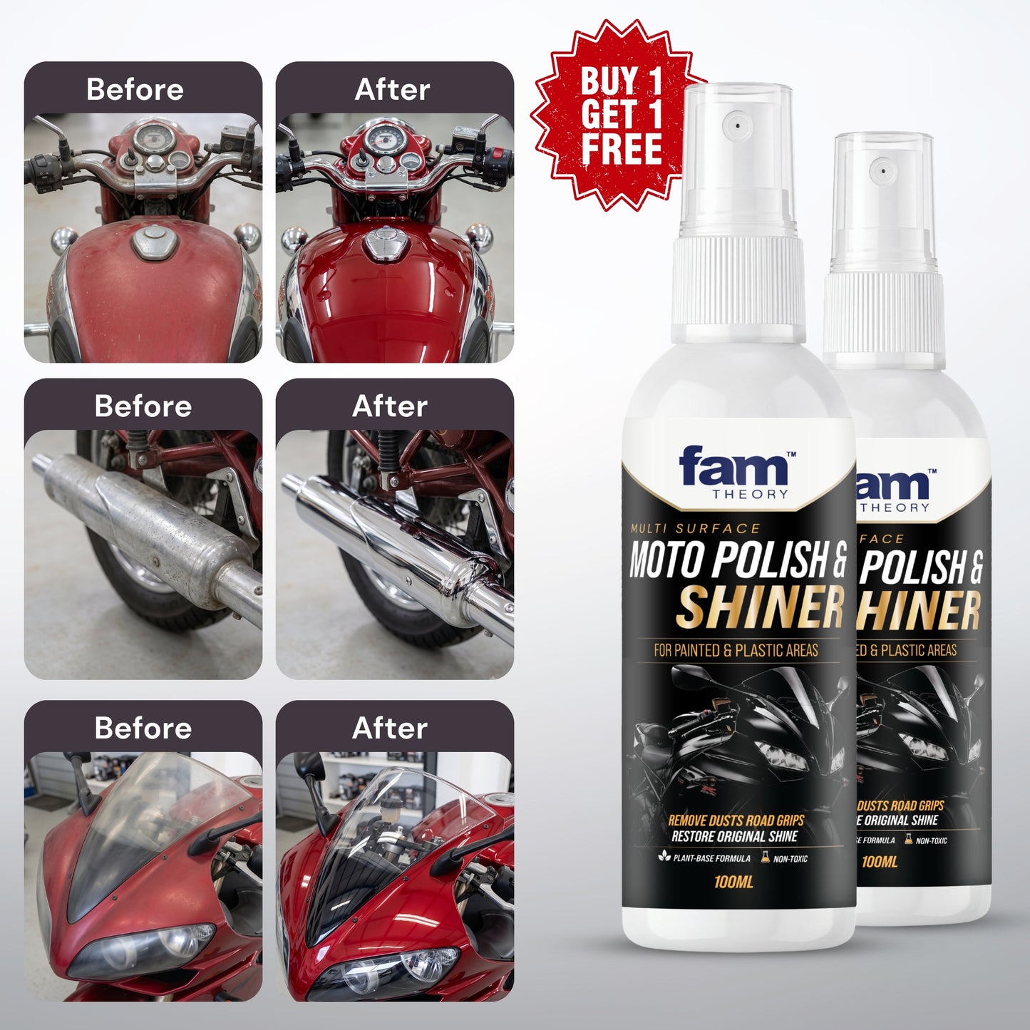 Motoshine Pro Multi-Surface Motorcycle Polish & Shiner 100ML✨ Instant Gloss Finish & Protection